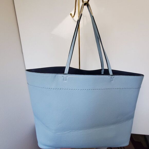 Tory Burch McGraw Tote Pebbled Leather Shoulder Bag Blue $495 Fraying Handle - Picture 2 of 16